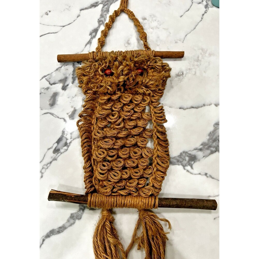 vintage 1970 Jute Macrame Owl Brown Large Wall Hanging Rustic Boho Retro 34”